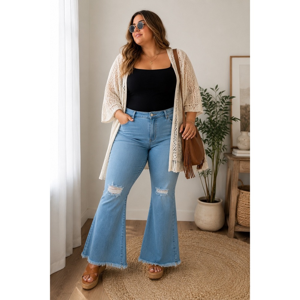 Daisy Size 1X Light Wash Flare Jeans Distressed Raw Hem Stretch Boho Festival